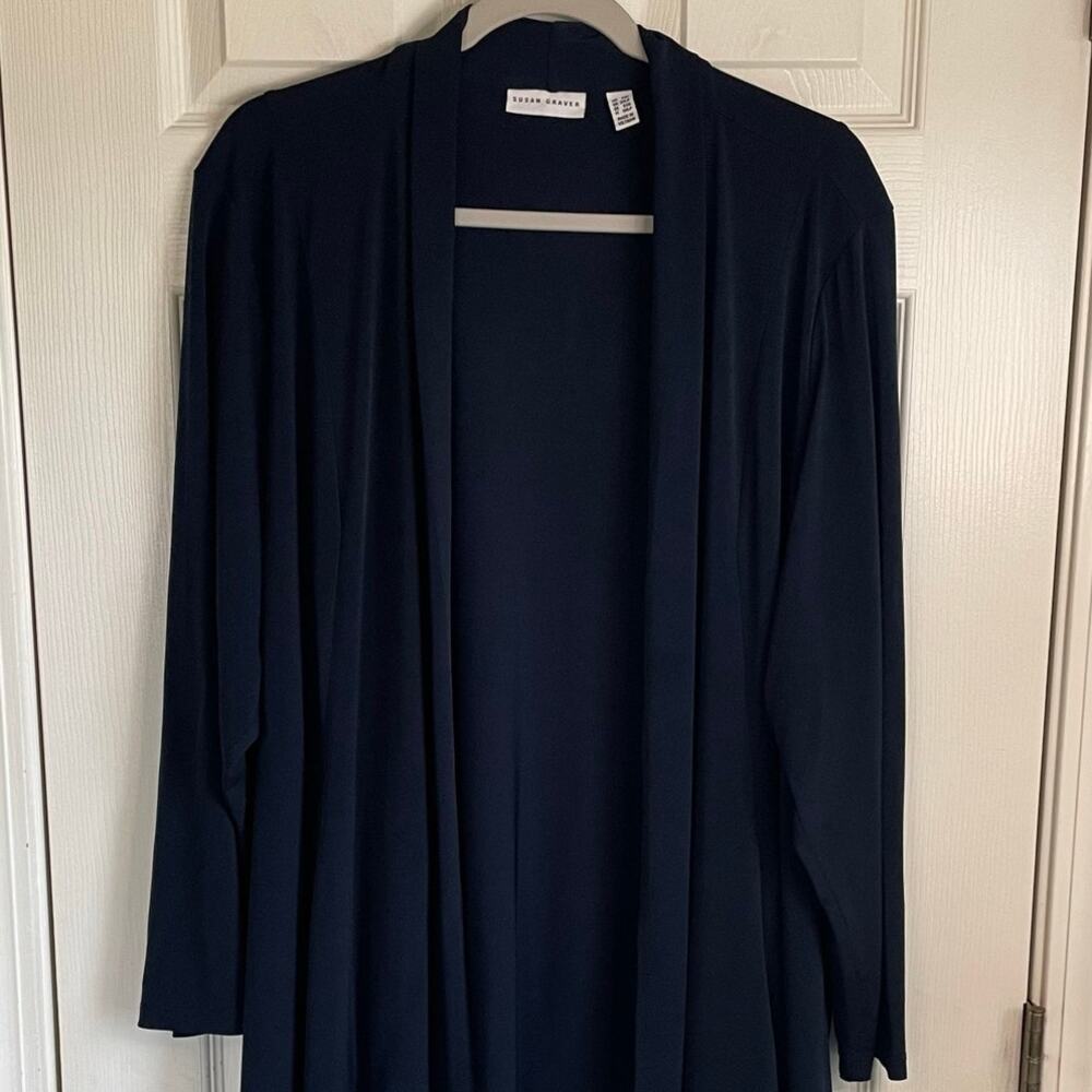 Susan Graver Liquid Knit Longline Cardigan Sz 2XP Pockets Open Front Navy Chic - Picture 7 of 10